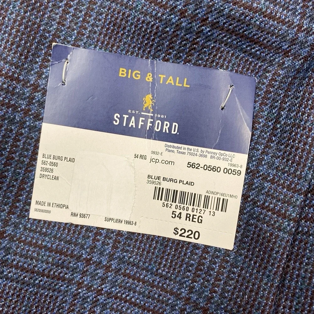 Stafford Jacket Mens 54R Blue 2 Blazer Glen Plaid Wool Blend Sport Coat